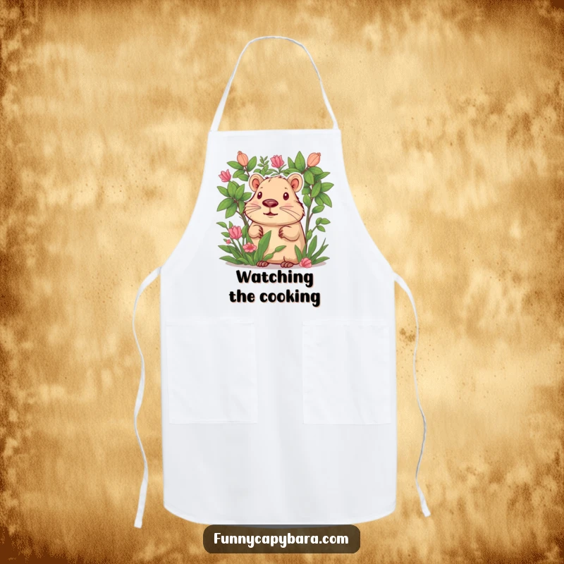 Funny apron showing a curious capybara peeking from behind lush green foliage, ready for kitchen fun.