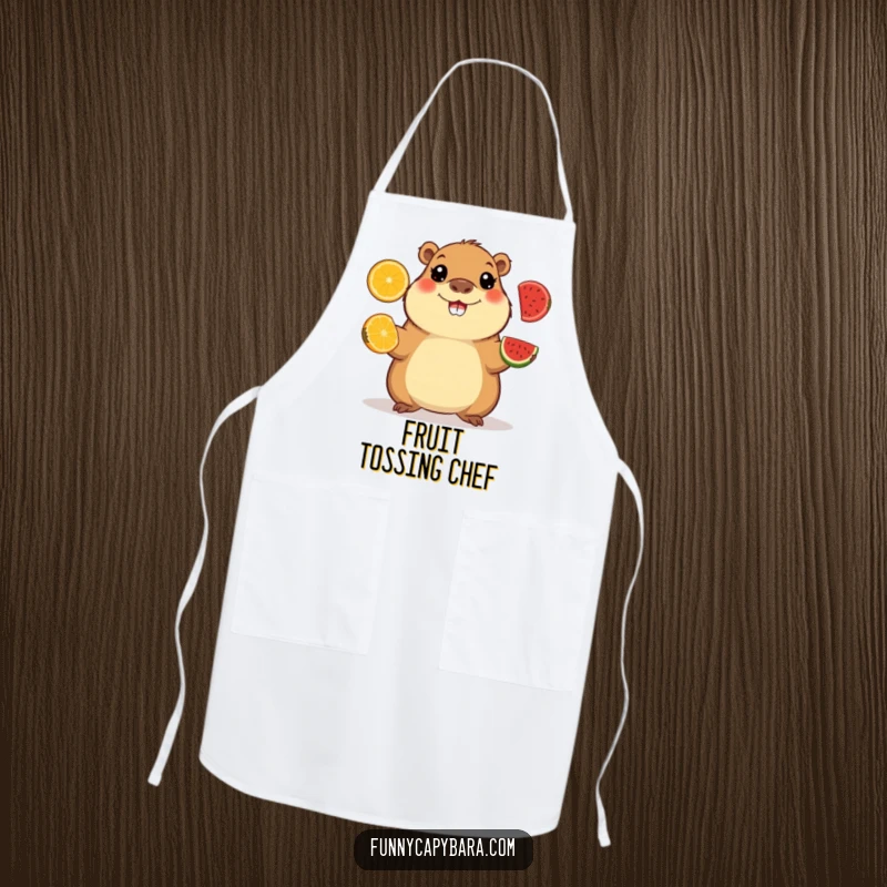 Funny apron showing a happy capybara juggling fruit slices, perfect for a playful kitchen.