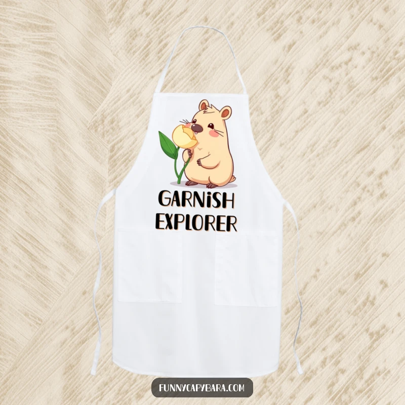 Funny Capybara Gardener Apron: Cute capybara nudging a flower, adding a touch of whimsy to kitchen wear.