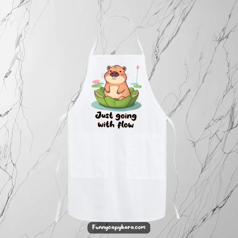 Funny apron with a capybara smiling serenely while floating on a large lily pad.