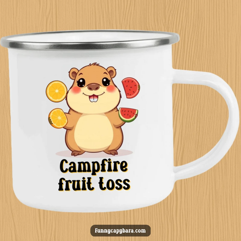 Funny camping mug with a happy capybara juggling fruit slices, perfect for fun outdoor moments.