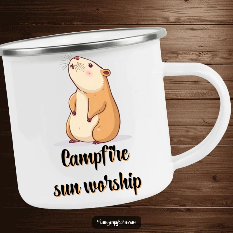 Funny Capybara Campfire Mug: Sturdy mug showing a capybara stretching towards a sunbeam, ideal for peaceful outdoor moments.
