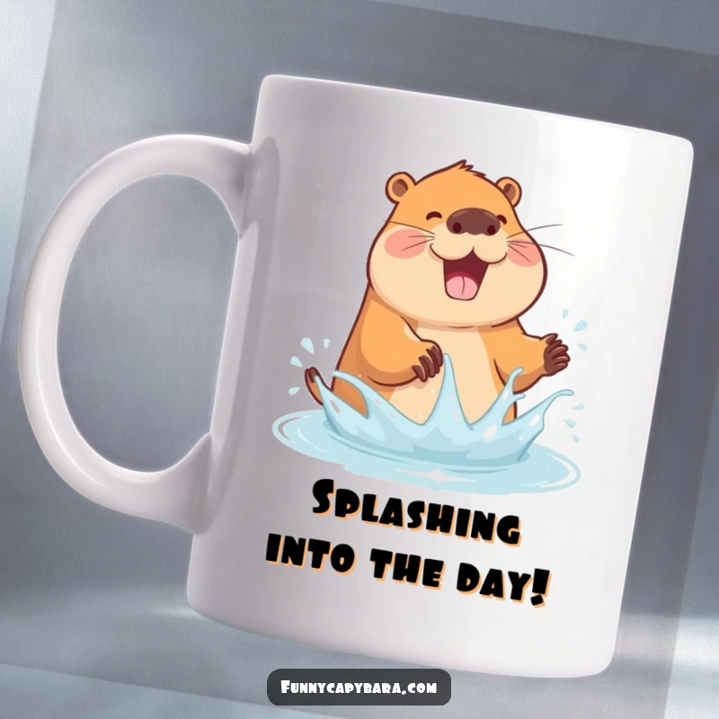 Funny mug depicting a joyful capybara energetically splashing water with its paws, creating playful droplets.