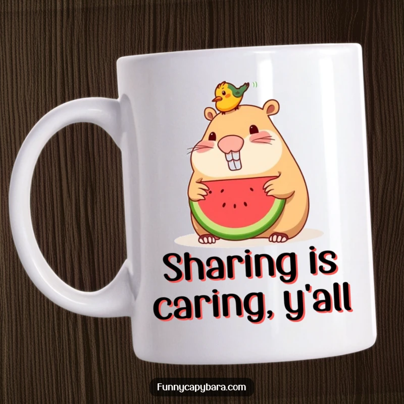 Funny mug showing a capybara kindly sharing a slice of watermelon with a small bird perched on its head.