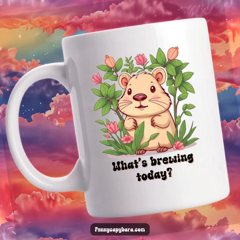 Funny mug featuring a curious capybara peeking its head out from behind lush green foliage.