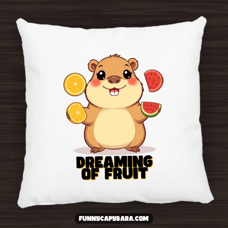 Funny pillow featuring a happy capybara juggling colorful fruit slices, a soft and playful accent.