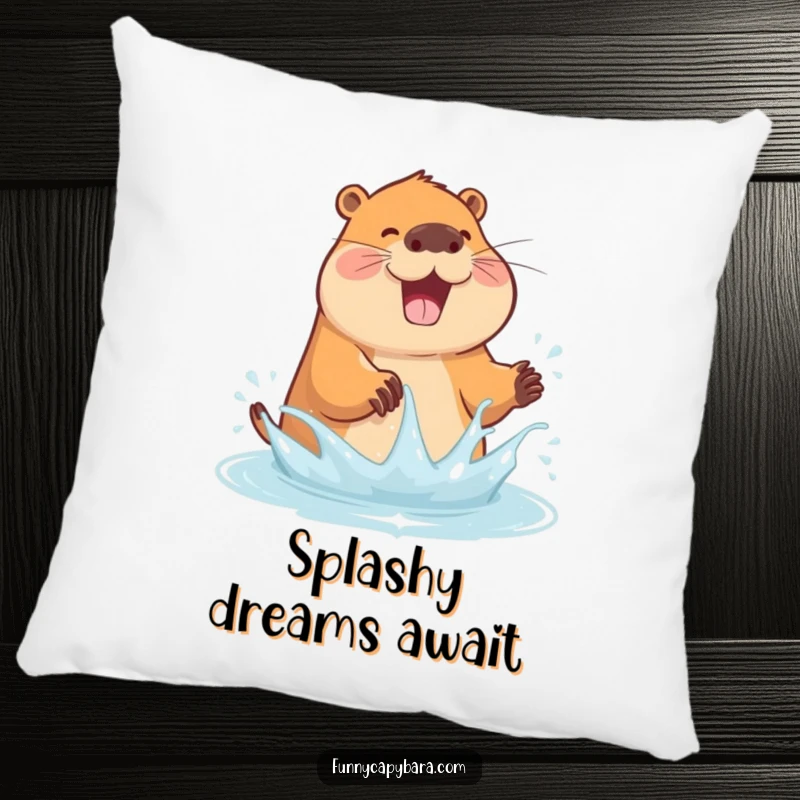 Funny pillow featuring a joyful capybara playfully splashing water with its paws, creating a fun scene.
