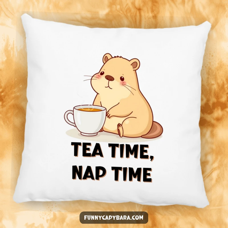 Funny pillow featuring a capybara sitting contentedly next to a steaming cup of tea, soft and cozy.