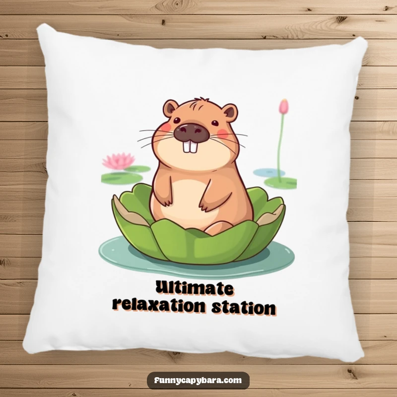 Funny pillow featuring a capybara with a serene smile, floating peacefully on a giant lily pad.