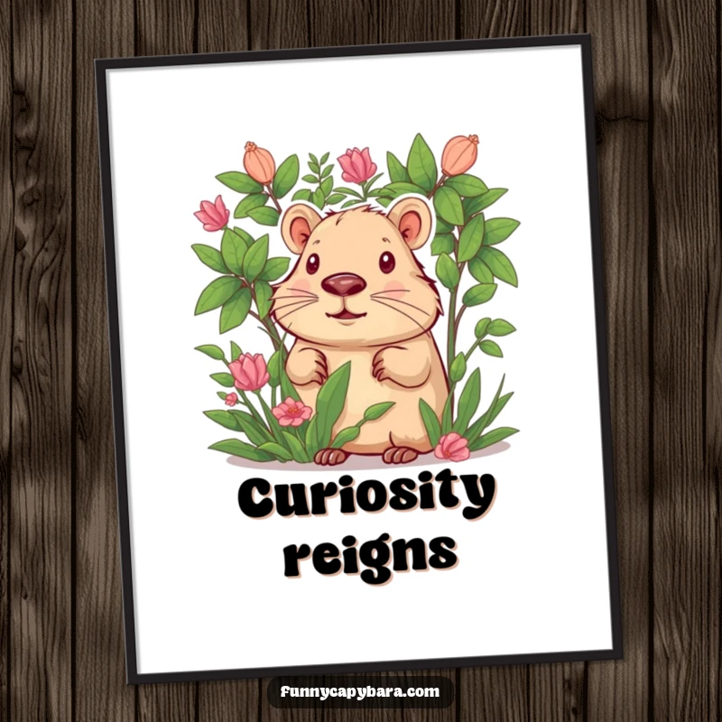 Funny digital art print of a curious capybara peeking out from behind lush green foliage.