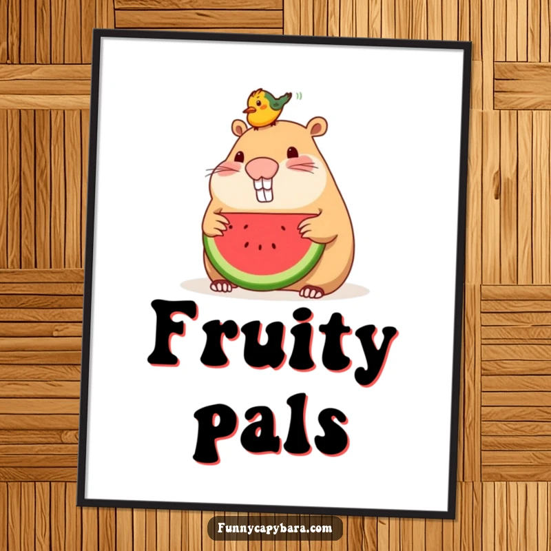 Funny digital art print of a capybara sharing a slice of watermelon with a small bird on its head.