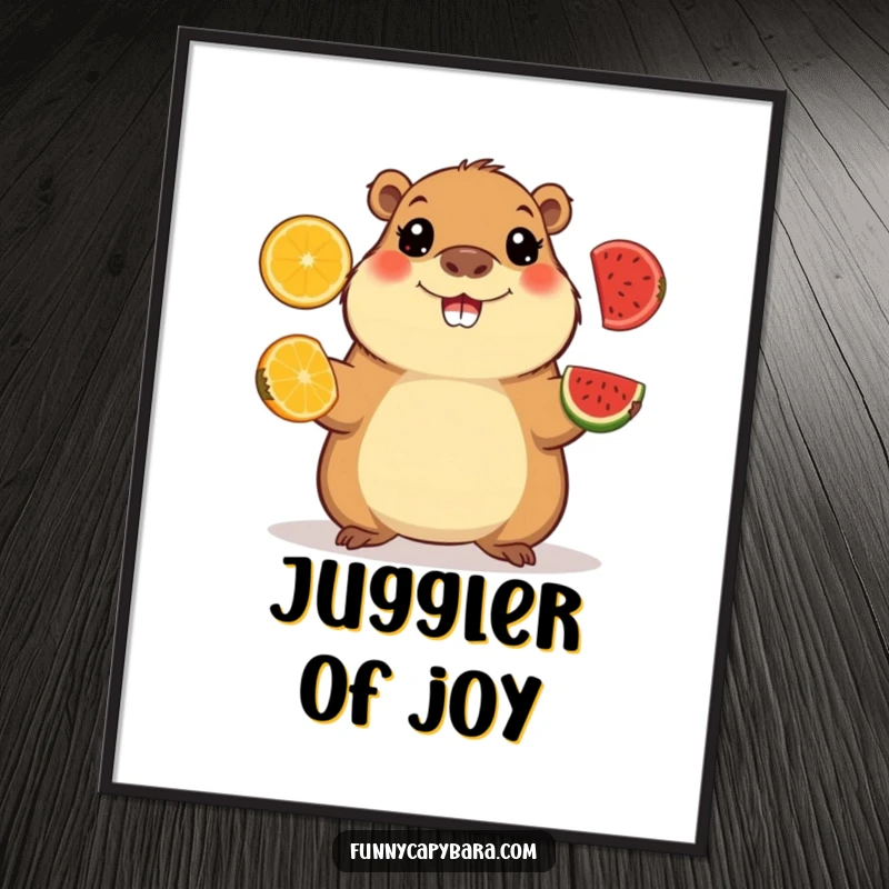 Funny digital art print of a happy capybara juggling fruit slices, an instantly skillful and cheerful decoration.