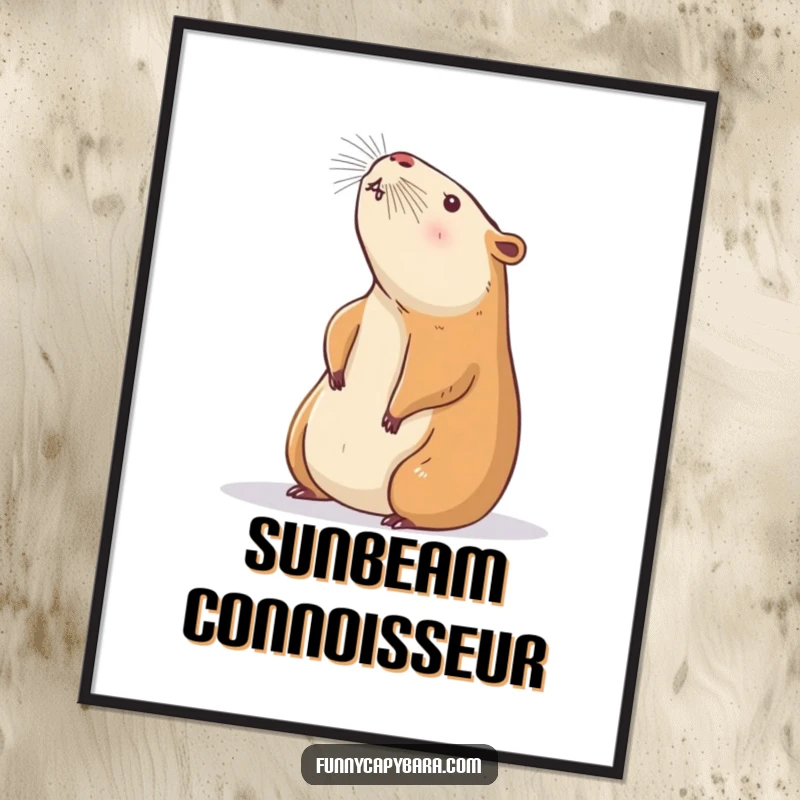 Funny Capybara Digital Art: Printable art of a capybara languidly stretching towards a gentle sunbeam, conveying peace and joy.