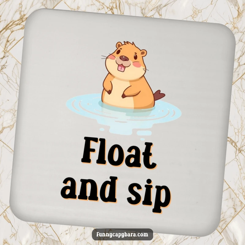 Funny coaster featuring a cheerful capybara floating on its back in stylized water, a relaxing and practical accent.