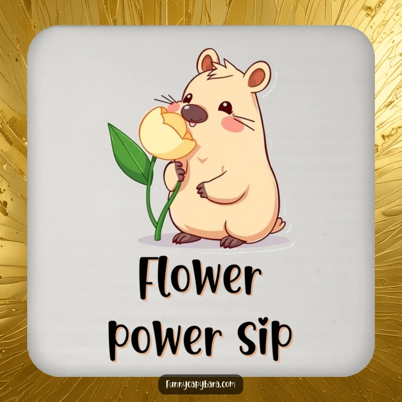 Funny Capybara Flower Coasters: Set of coasters featuring a capybara playfully nudging a flower, cute and practical.
