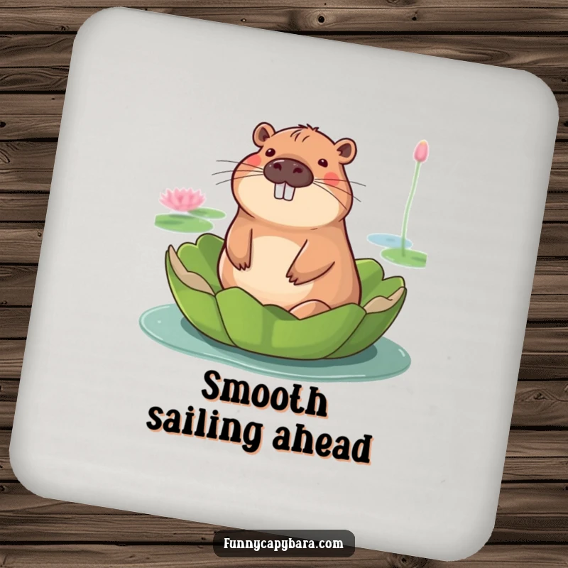 Funny coaster showing a capybara with a peaceful smile, floating on a giant lily pad.
