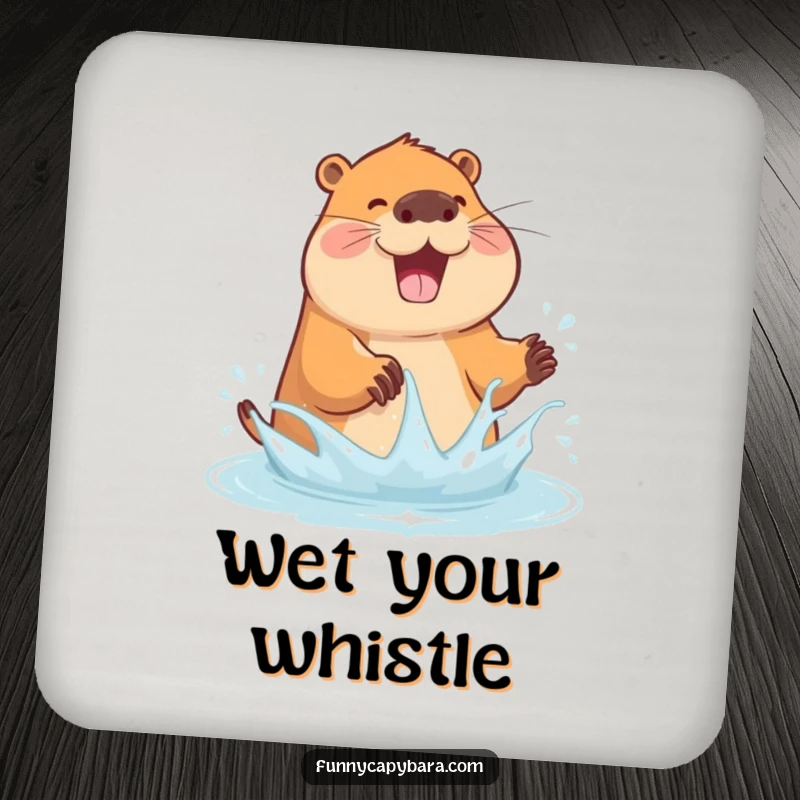 Funny coaster featuring a capybara joyfully splashing water with its paws, protecting surfaces.