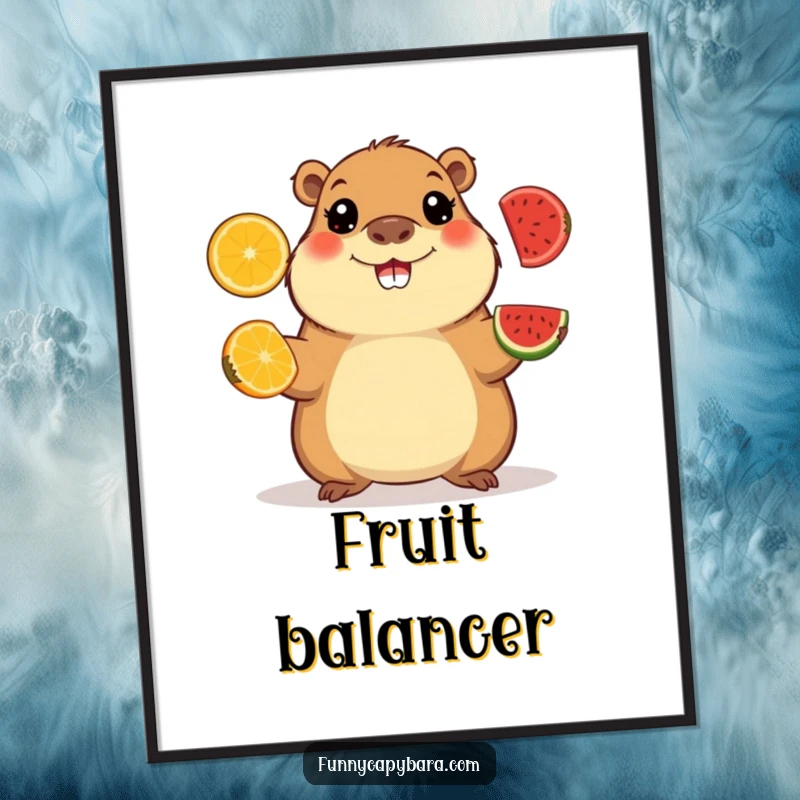 Funny poster illustrating a happy capybara with wide eyes juggling colorful fruit slices, a skillful and joyful piece.
