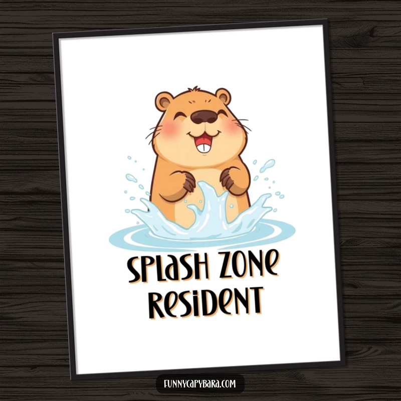 Funny Capybara Water Splash Poster: Vibrant art of a happy capybara splashing water, creating tiny arcs, great decor gift.