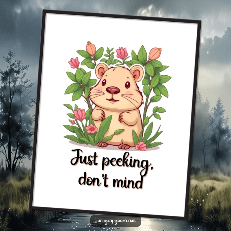 Funny poster art of a capybara curiously peeking out from behind lush green foliage, inviting exploration.