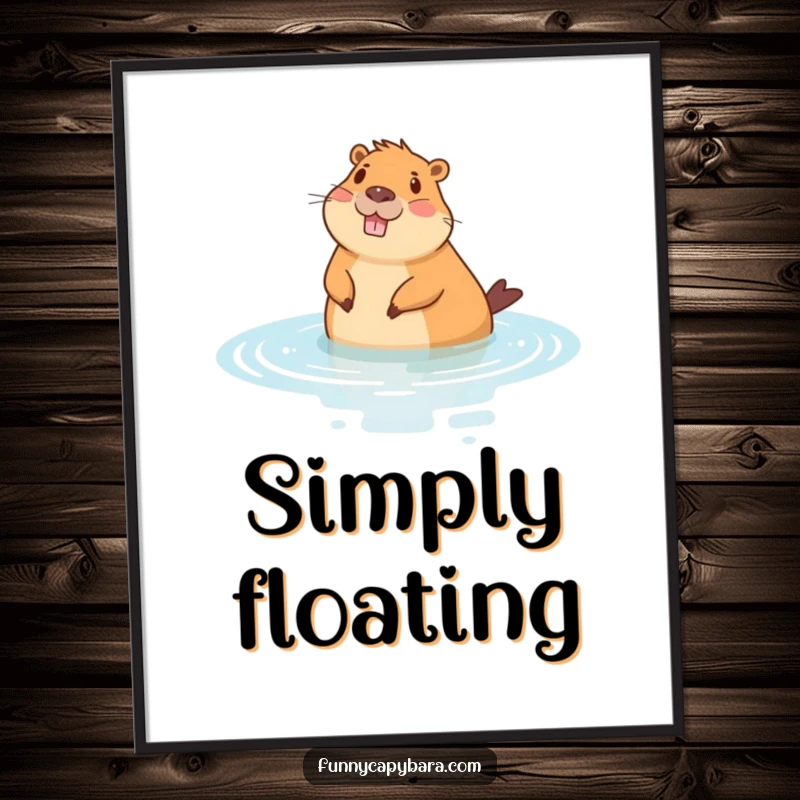 Funny poster illustrating a cheerful capybara floating on its back in stylized water, a peaceful and humorous piece.
