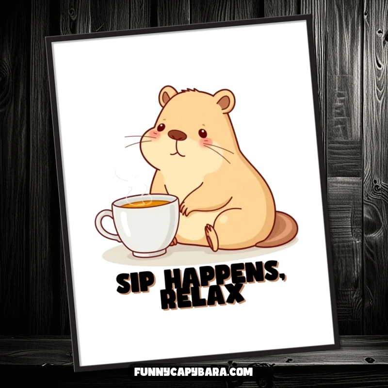 Funny poster art of a capybara sitting contentedly with a steaming cup of tea, inviting relaxation.
