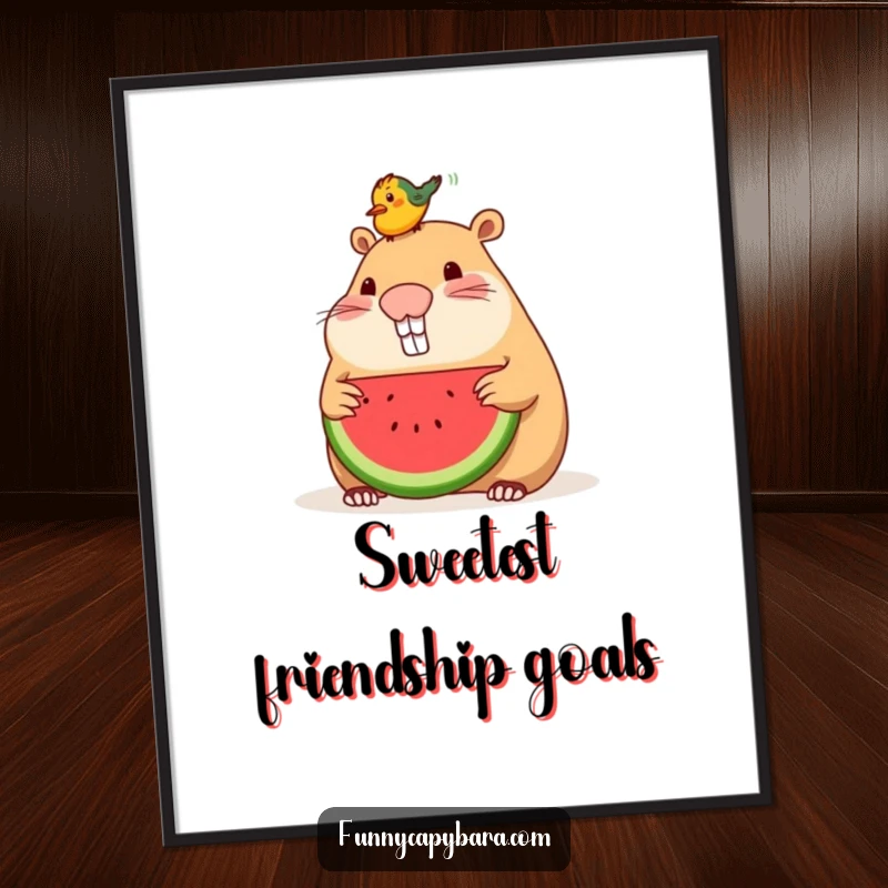 Funny poster art of a capybara sharing watermelon with a small bird perched affectionately on its head.