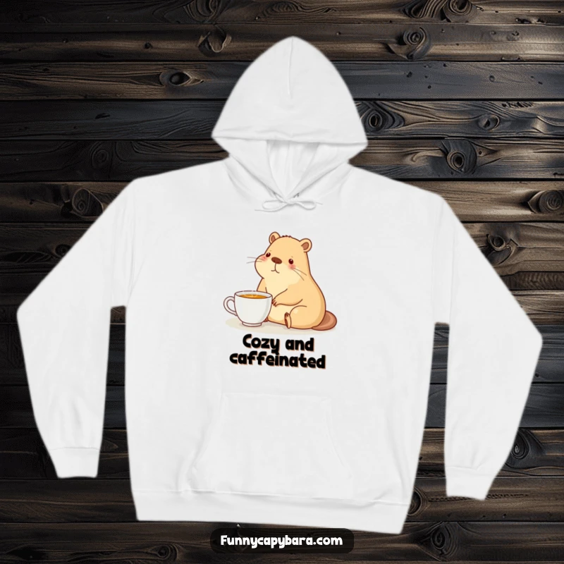 Funny hoodie featuring a capybara sitting contentedly beside a steaming cup of tea, exuding cozy charm.