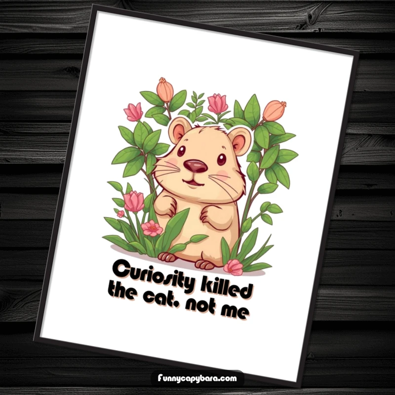 Funny Free Printable Wall Art: A capybara with wide, curious eyes peeks out from behind vibrant, lush green foliage.