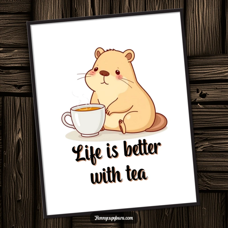 Funny Free Printable Wall Art: A capybara sits contentedly, paws near a steaming cup of tea, radiating pure peace.