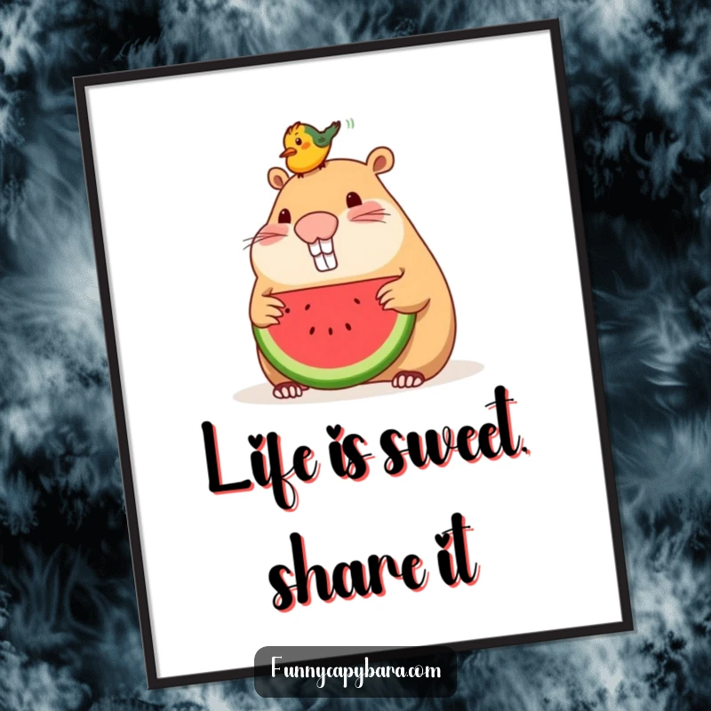 Funny Free Printable Wall Art: A capybara shares a slice of juicy watermelon with a small bird resting on its head.