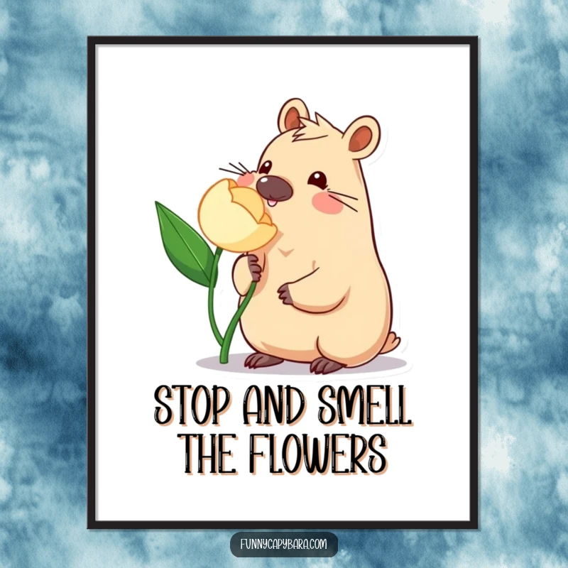 Funny Free Printable Wall Art: Capybara playfully nudging a stylized flower, whimsical and charming decor.