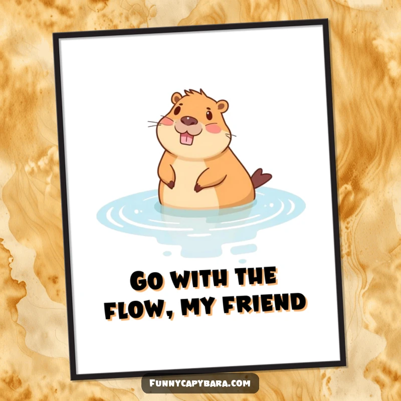 Zen Free Printable Wall Art: Cheerful capybara floating on its back in stylized water, embodying ultimate relaxation and calm.