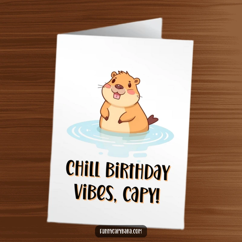 Funny Free Printable Birthday Card: Cheerful capybara blissfully floating on its back in calm, stylized water, embodying pure relaxation.