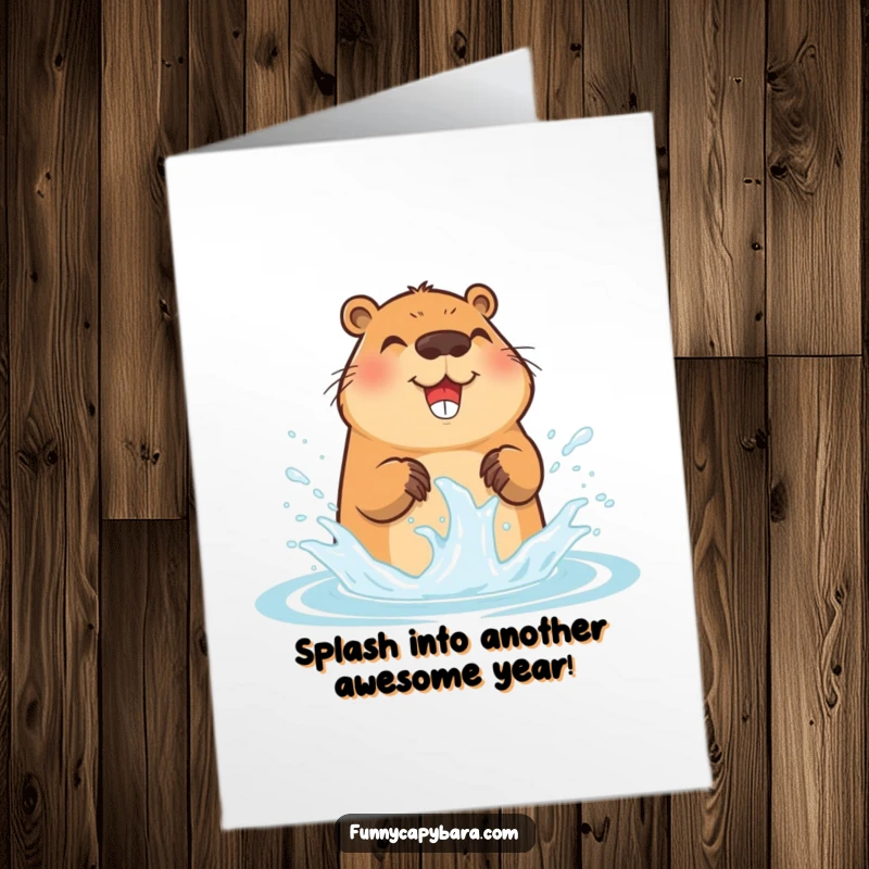 Funny Free Printable Birthday Card: Capybara joyfully splashing water with paws, creating arcs, perfect for DIY gifts.