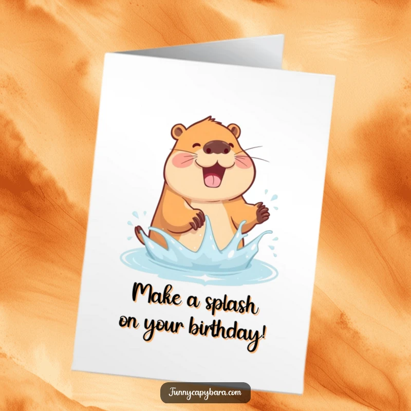 Funny Free Printable Birthday Card: A capybara joyfully splashes water with its paws, spreading pure fun.