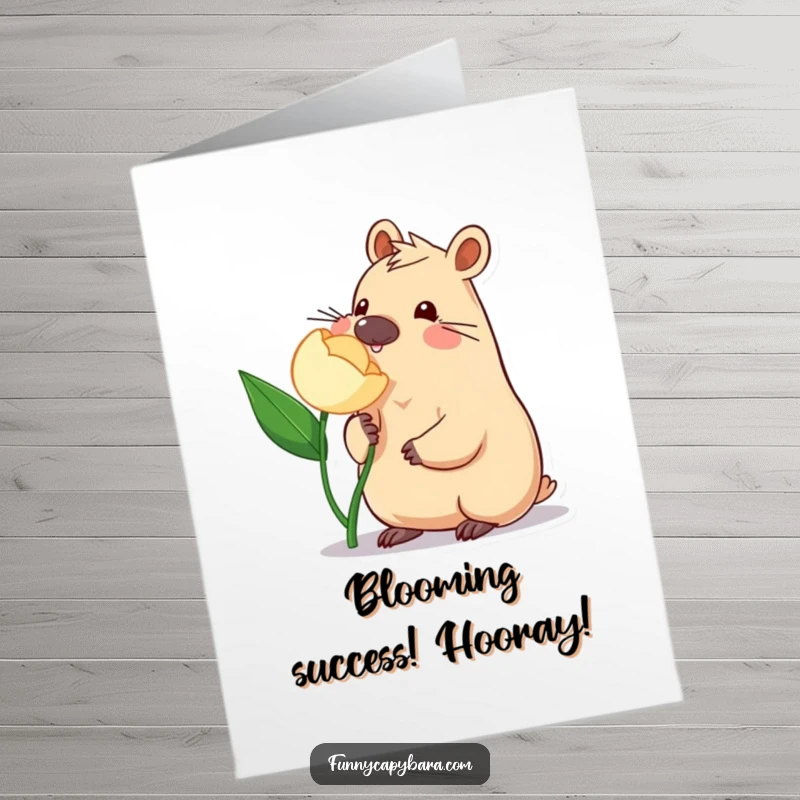 Funny Free Printable Congrats Card: Capybara nudging flower, conveying gentle congratulations, charming downloadable art.