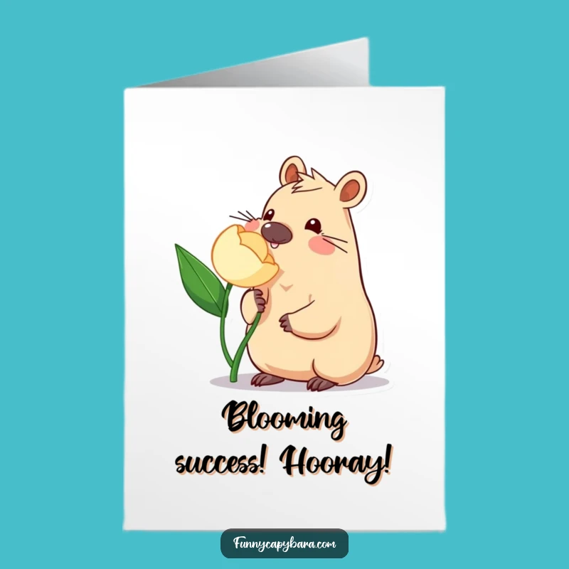 Free Printable Congrats Card: Capybara Flower Nudge - Funny Downloadable Greeting for Sweet Wins!