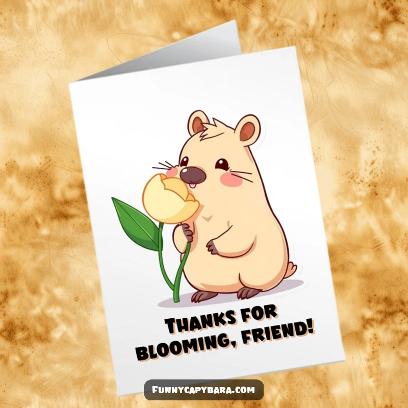 Funny Free Printable Thank You Card: Capybara playfully nudging flower, expressing thanks with charm.