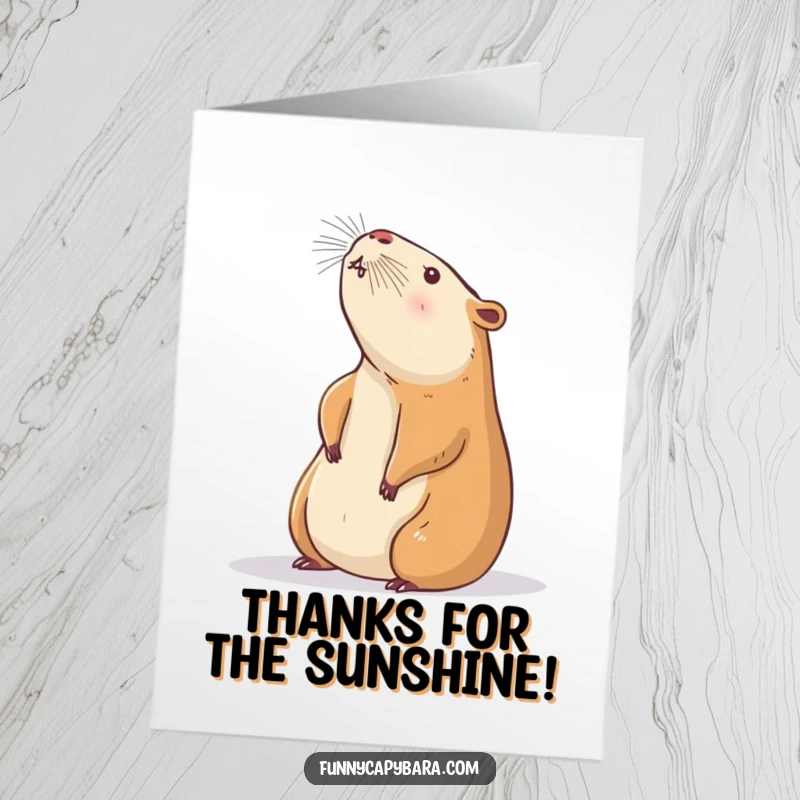 Funny Free Printable Thank You Card: Capybara stretching in sunbeam, expressing thanks, a serene downloadable message.