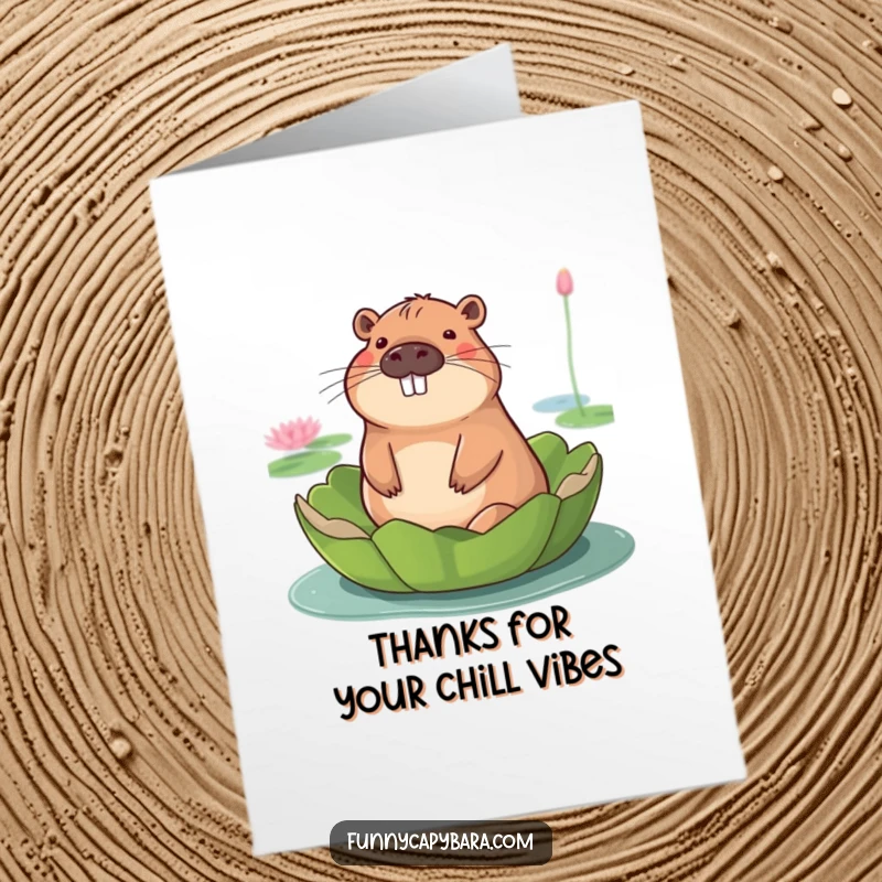 Funny Free Printable Thank You Card: Capybara floats serenely on a lily pad, offering calm gratitude.
