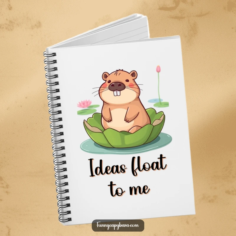 Funny notebook with a capybara's serene smile, floating on a lily pad, perfect for note-taking.