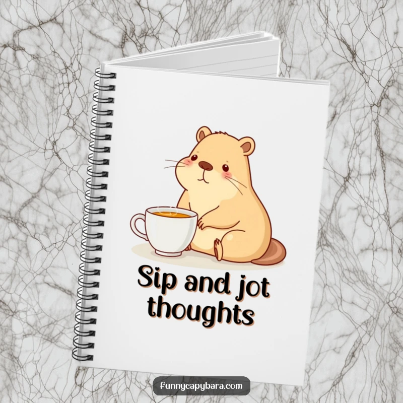 Funny notebook featuring a capybara sitting contentedly with a steaming cup of tea, for note-taking.