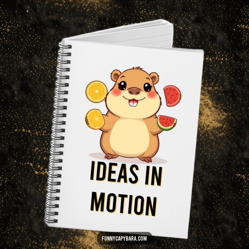 Funny notebook featuring a happy capybara juggling fruit slices, ideal for capturing skillful thoughts.
