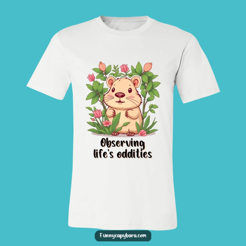 Funny Curious Capybara Foliage T-Shirt: Playful Discovery Tee