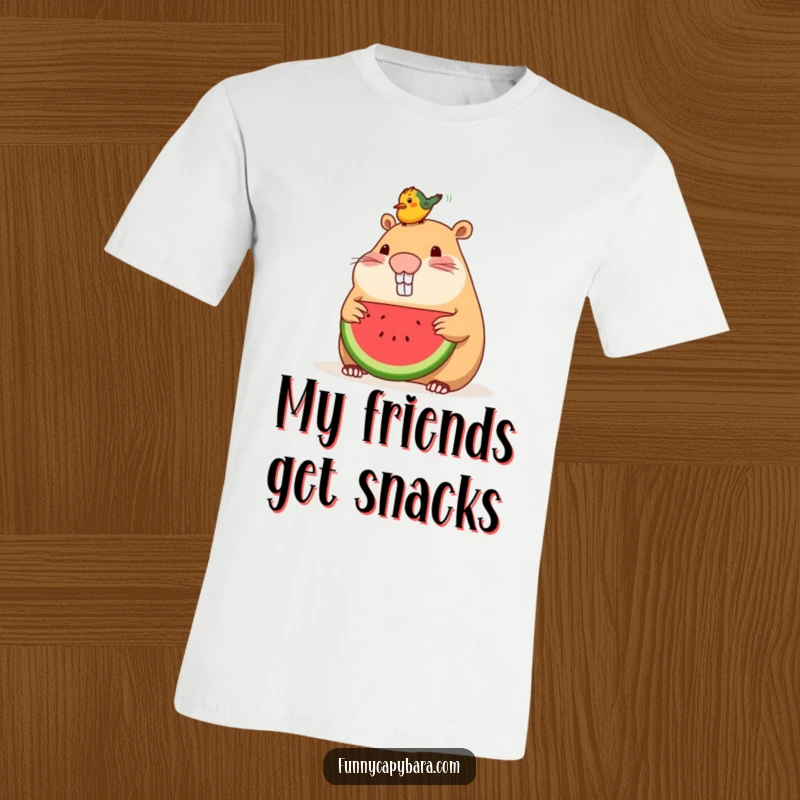 Funny t-shirt featuring a capybara sharing a slice of watermelon with a small bird resting on its head.