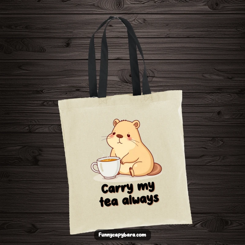 Funny tote bag featuring a capybara sitting contentedly next to a steaming cup of tea, perfect for errands.