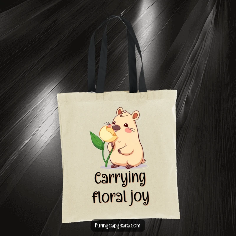 Funny Capybara Flower Tote Bag: Cute tote bag with a capybara gently nudging a flower, stylish and charming.