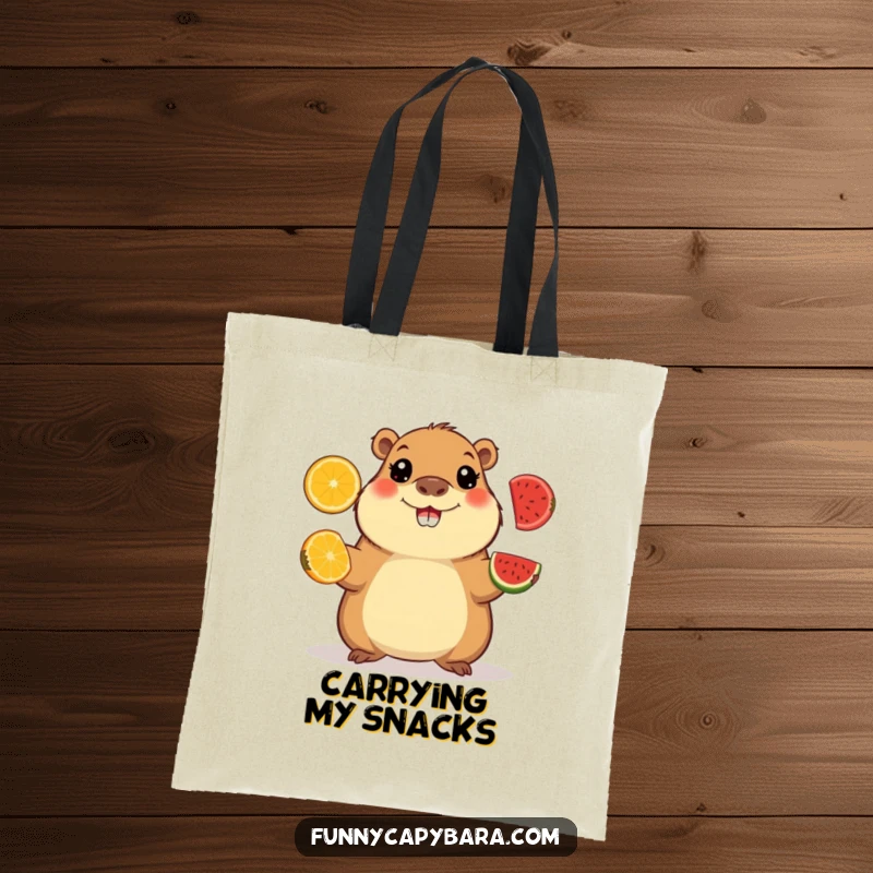 Funny tote bag showcasing a happy capybara juggling colorful fruit slices, a skillful and fun accessory.