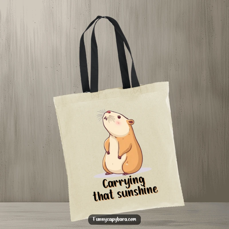 Funny Capybara Sunbeam Tote Bag: Stylish tote featuring a capybara stretching towards a sunbeam, perfect for everyday calm.